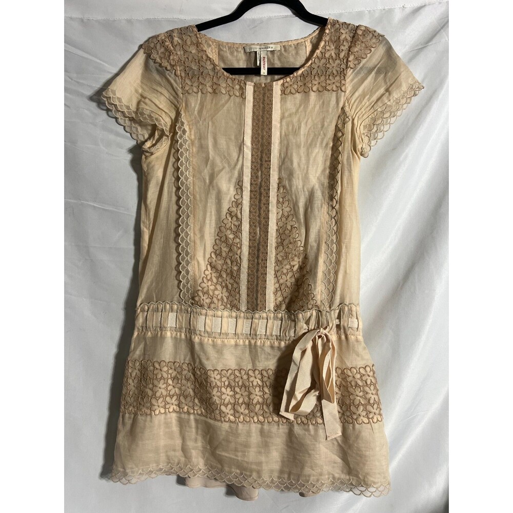 BCBG Maxazria Runway Tan & Beige Lace Semi Sheer Drop Waist Dress Size XS